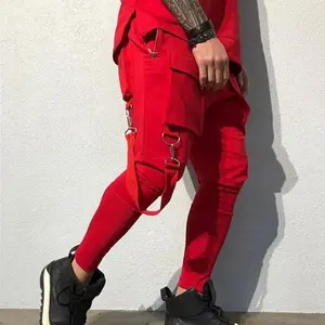 Mens Running Stretch Tights Sweatpants Sports Breathable Fitness Hip Hop Cotton Multi Pocket Cargo Pants Slim Leggings Chain