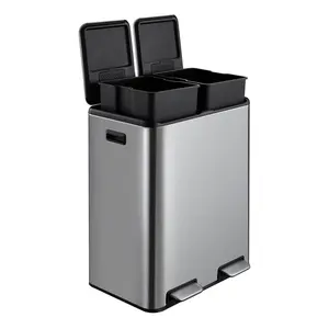 16 Gallon Rectangular Hands-Free Dual Compartment Recycling Kitchen Step Trash Can with Soft-Close Lid 2 Plastic Inner Buckets and Hinged Lids Brushed Stainless Steel Filter