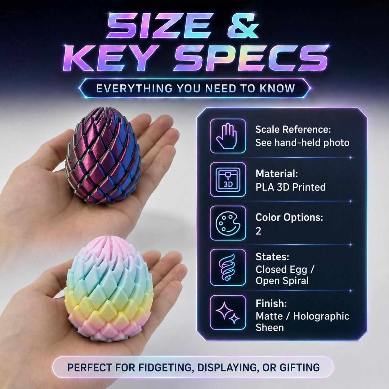 Twisty Fidget Egg — 3D Printed Smooth Spiral Sensory Toy for Stress Relief & Focus | Silent, Pocket-Sized Slippery Egg Fidget | Desk Toy Gift for Adults, Teens & Kids | Holographic Pouch Included