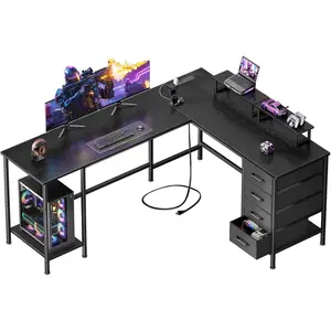 L Shaped Computer Desk,  Home Office Desk with Power Outlets, 4 Adjustable Storage Drawers & 2 Monitor Stands, Large Two Person Gaming Table for Writing Study