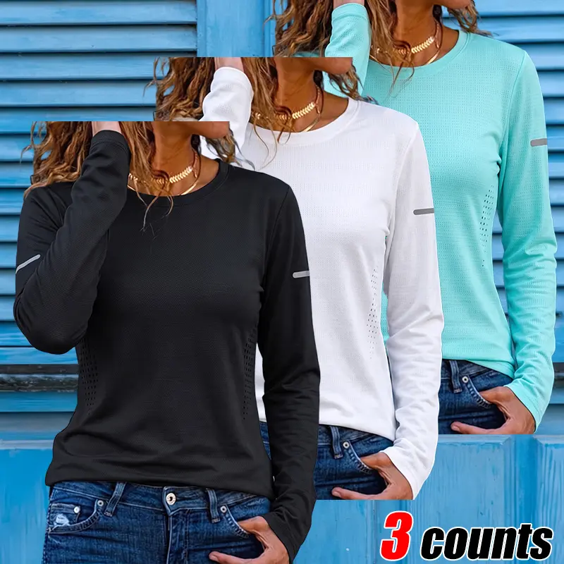 Clean Gent 3-Pack Women’s Quick-Dry Breathable Sun-Protective Long-Sleeve Sports T-Shirts, Moisture-Wicking Athletic Tops Suitable for Fitness, Running, and Everyday Wear
