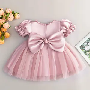 Toddler Baby Girls Party Pageant Dresses Baby Flower Girl Dress Infant Princess Bow Wedding Satin High Quality Tulle Formal Prom Short Gown Baby Girl Dress for 1 Years Birthday 0-24M