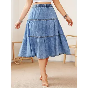 Plus Size Midi Denim Skirt - Flattering Tiered Layered Ruffle Details, Stretchy Elastic Waist for Comfort, Classic A-line Silhouette, Perfect for Casual Occasions - Ideal for Fashionable Summer Looks in Stunning Blue Hue