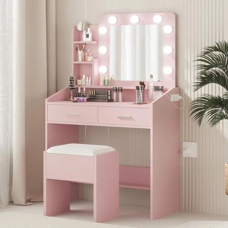 GARVEE Vanity Desk with Mirror and Lights, Makeup Vanity with Power Outlet & Cushioned Stool, 3 Lighting Modes Adjustable Brightness, Dressing Table with Hairdryer Holder for Bedroom, Pink