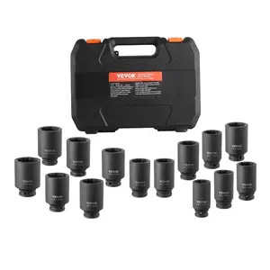 Summervibes VEVOR Axle Nut Impact Socket Set, 1/2 Drive Deep 6+12-Point 14-Piece Metric Spindle Nut Socket Set, CR-V Heat Treated Large Socket Set with Storage Case, Auto Repair, Removing or Installing Axle Nuts