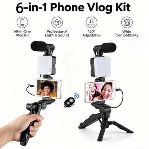 6-in-1 Portable Mobile Vlogging Kit - Smartphone Handheld-Desktop Tripod Mount, Noise Reduction Audio Microphone, LED Fill Light, Bluetooth Remote, Receiver - Universal Electronics Accessory for Videography, Live Streaming