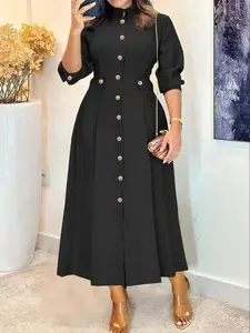 Elegant Fitted Women's Long Sleeve Woven Dress, Classic Stand Collar Single Button Design, Patchwork Stitching Detail, Spring & Fall Fashion, Formal, Versatile, Comfort, Wear, Style, Outfit, Essential