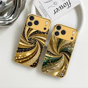 Meiya Luxury Gold-Plated Edge Liquid Swirl Glitter Glass Case, Decorative Phone Protector for iPhone 17 Pro Max -975