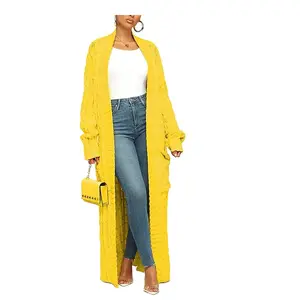 Long Sleeve Open Front Knit Long Cardigan Casual Knitted Maxi Sweater Coat Outwear with Pockets