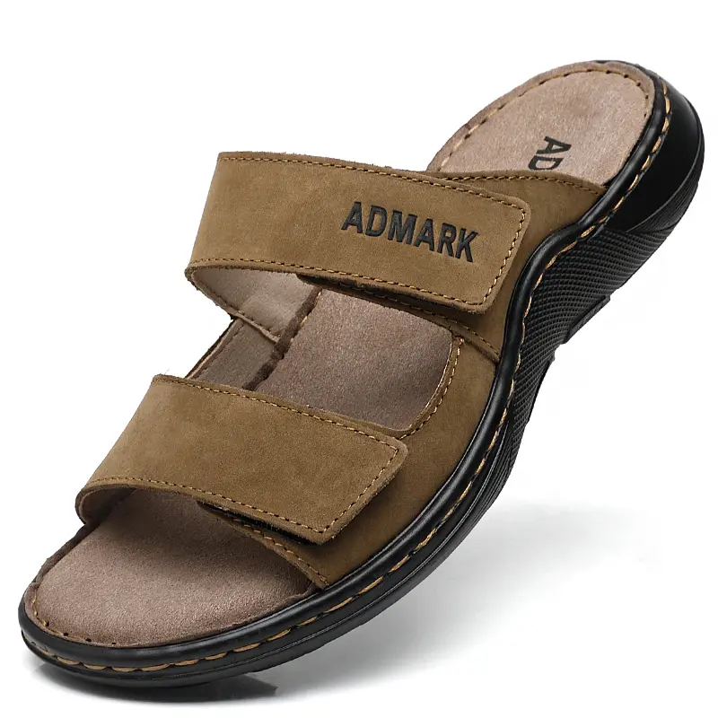 ADMARK Men’s Full-Grain Cow Hide Minimalist Slip-On Slide Sandals - Ankle Adjustable Velcro Strap, Arch Support, Memory Foam Footbed, Lightweight PU Sole Walking Shoes for Outdoor Casual, Beach
