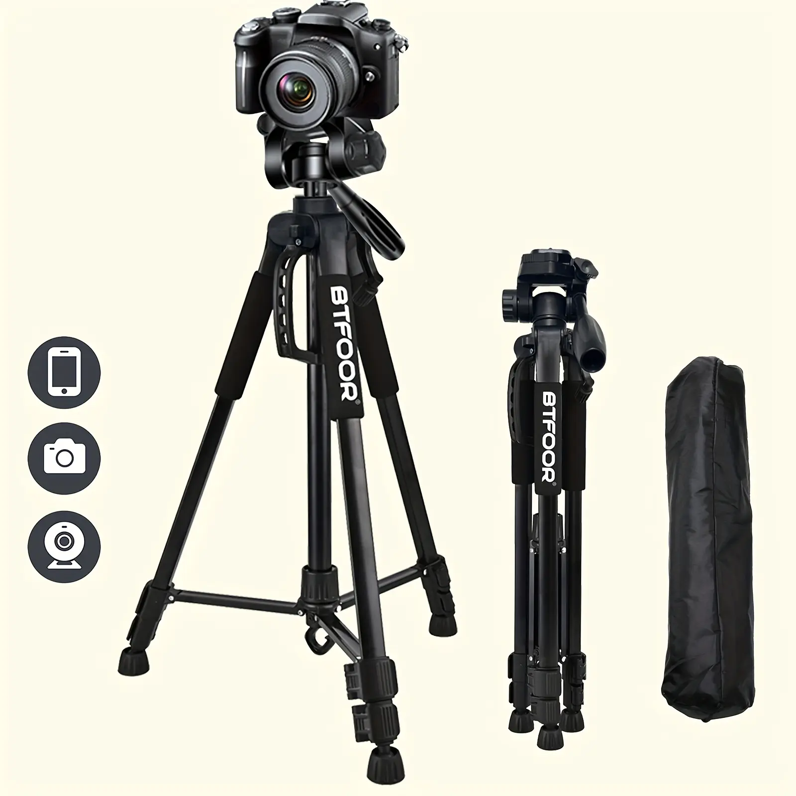 55" (140cm) Professional Aluminum Travel Digital Camera Tripod - Tall Smartphone Stand with Quick Plates, Pan Heads for DSLR SLR, Included Travel Bag, Photography Camera Accessories
