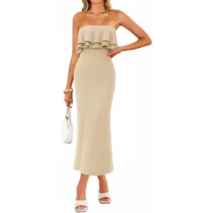 ZESICA Womens Summer Strapless Bodycon Midi Dress 2026 Spring Off Shoulder Knit Ruffle Wedding Guest Cocktail Dresses