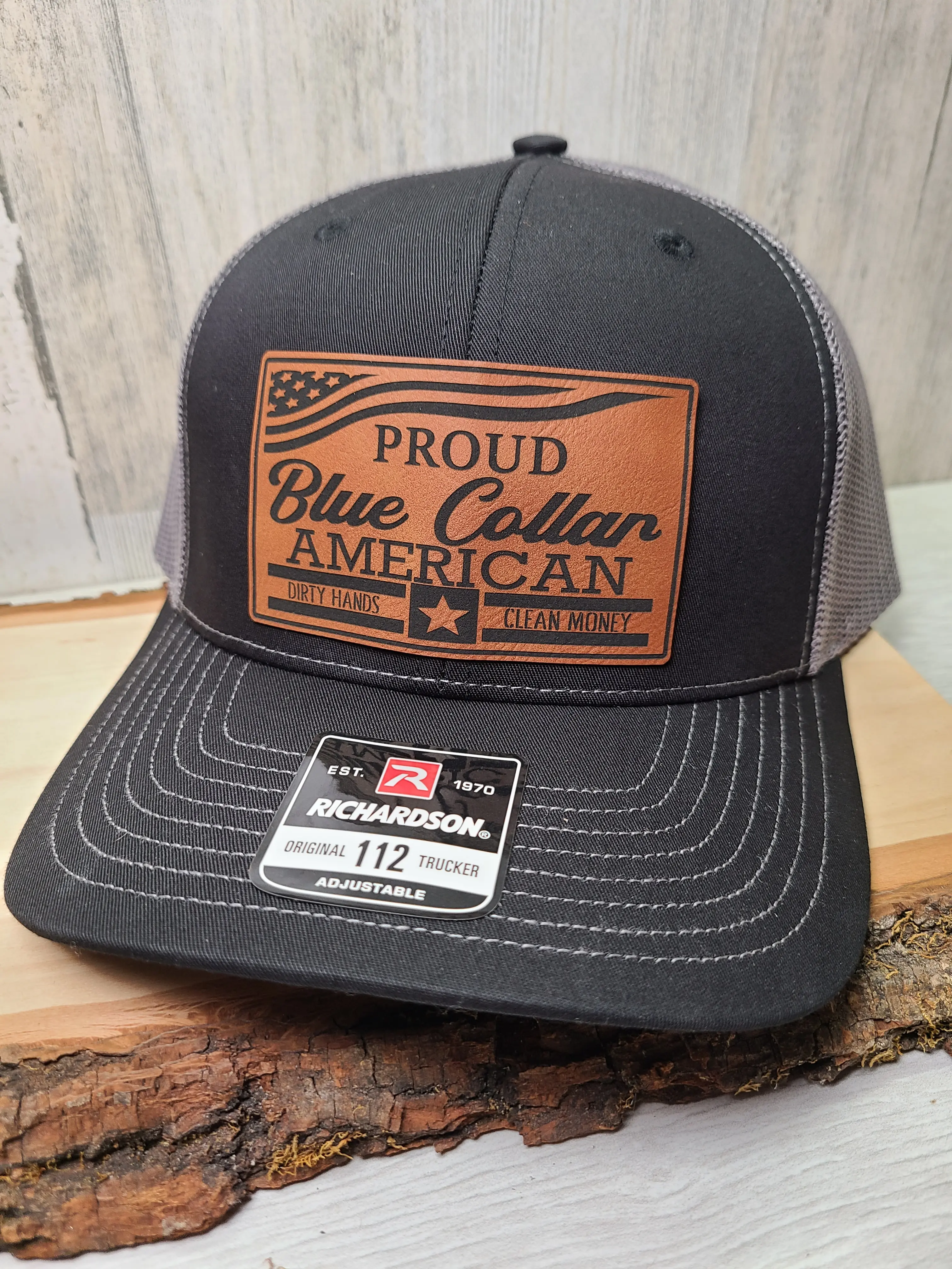 Proud Blue Collar American Hat Richardson 112 Leather Patch Men's Hat FlexFit FlatBill Trucker Style Hat mens hats dad hats Adjustable Snapback Cap
