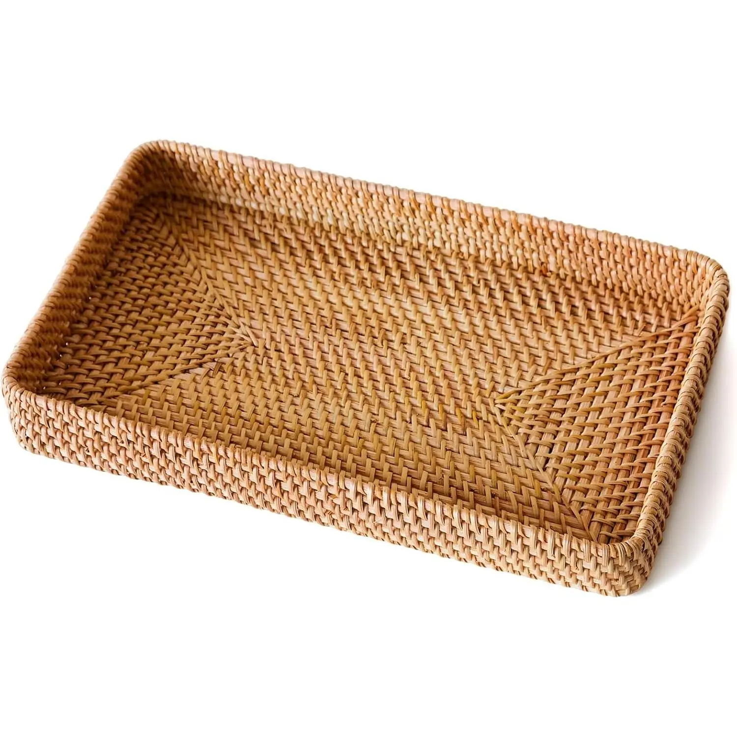 Rattan Serving Tray, Rectangle Wicker Storage Basket for Organizing | M(14.6" × 9.1"), Natural Rattan, Decorative Woven Trays Wicker Baskets for Storage, Home Decor, Bathroom, Kitchen Counter