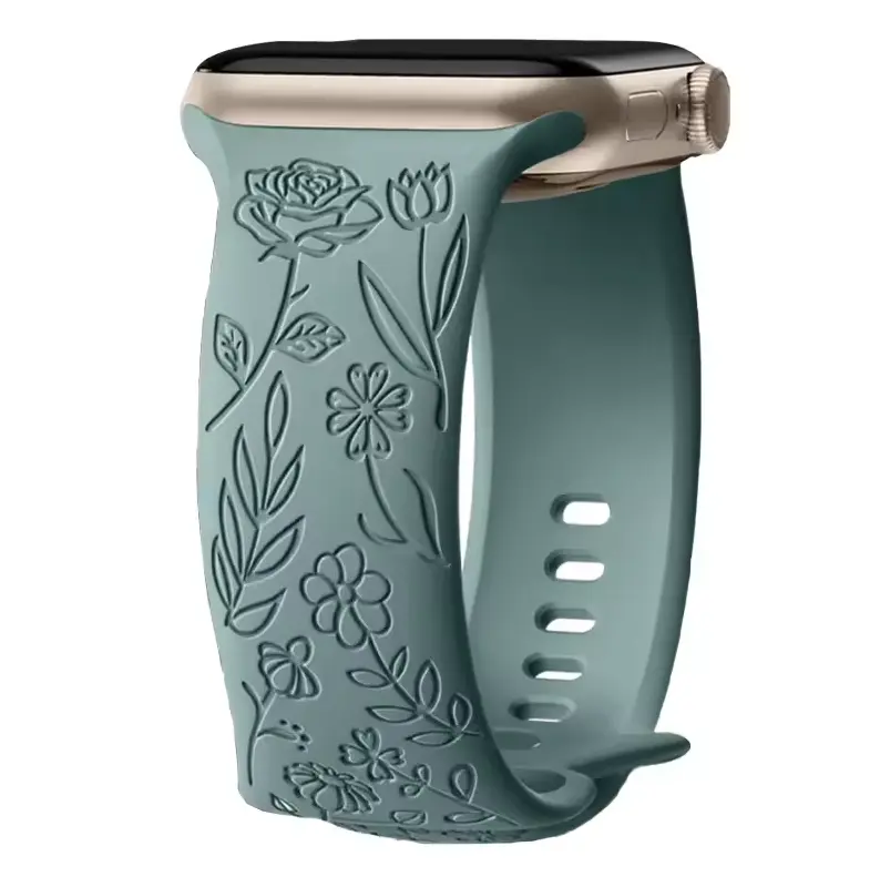 Floral Engraved Silicone Apple Watch Band for Women & Men, Soft Adjustable Sport Strap Compatible with iWatch Ultra Series 11-1, Elegant Flower Wristband