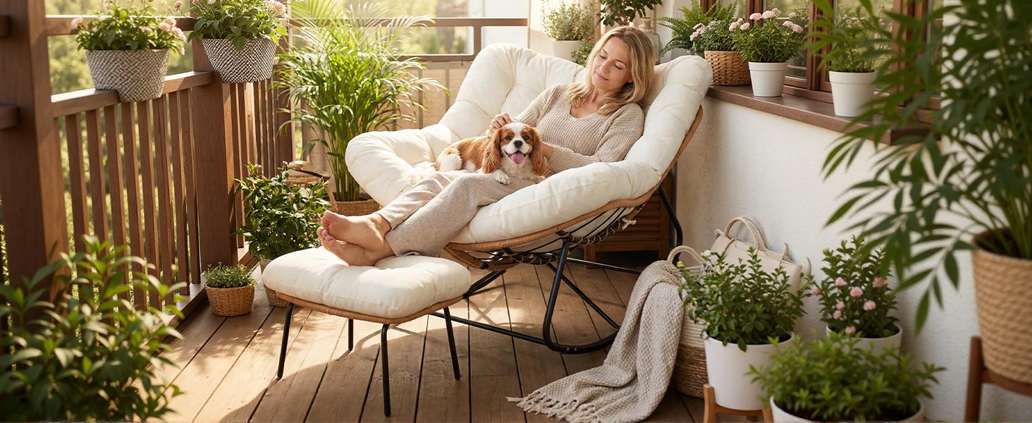 Arlopu Outdoor Papasan Rocking Chair with Ottoman, Oversized Padded Lounge Rocker with Cushion, Comfy Wicker Egg Lounge Chair, Large Indoor Rocking Recliner for Living Room/Porch/Garden