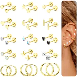 MILACOLATO Female 15 Pairs Flat Back Stud Earrings - Surgical Steel with Metal Coating, Hypoallergenic Zirconia Opal, Silver/Gold Small Helix Cartilage Hoops for Multiple Piercings