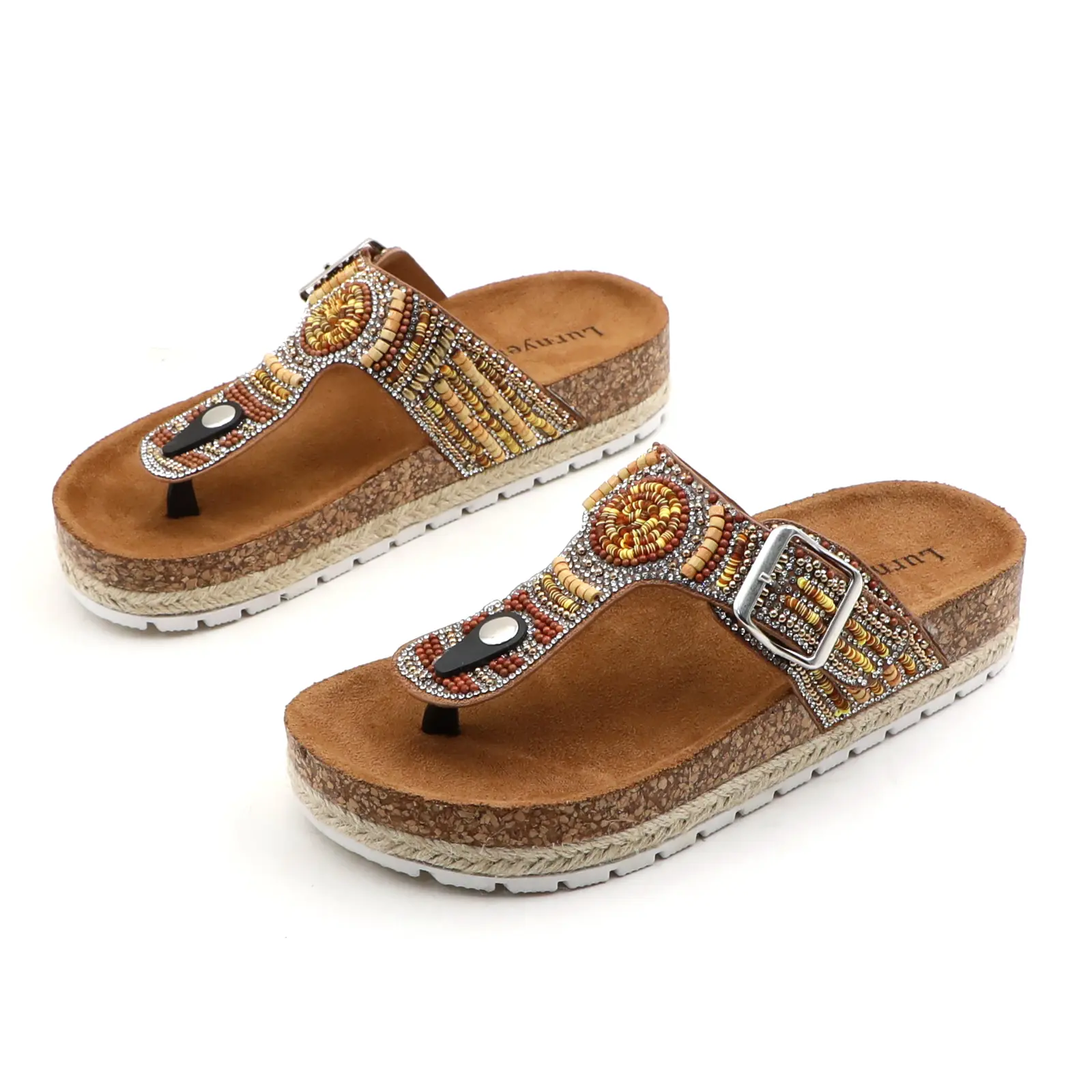 Women's Boho Style Espadrille Platform Sandals Thong Flip Flops Cork Footbed Footwear with Arch Support & Buckle Decor Slip-on Girl Fashion Comfortable Summer Casual Walking Shoes for Beach Vacation Daily Wear