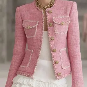 Designer Tweed Patchwork White Trim Button Jacket