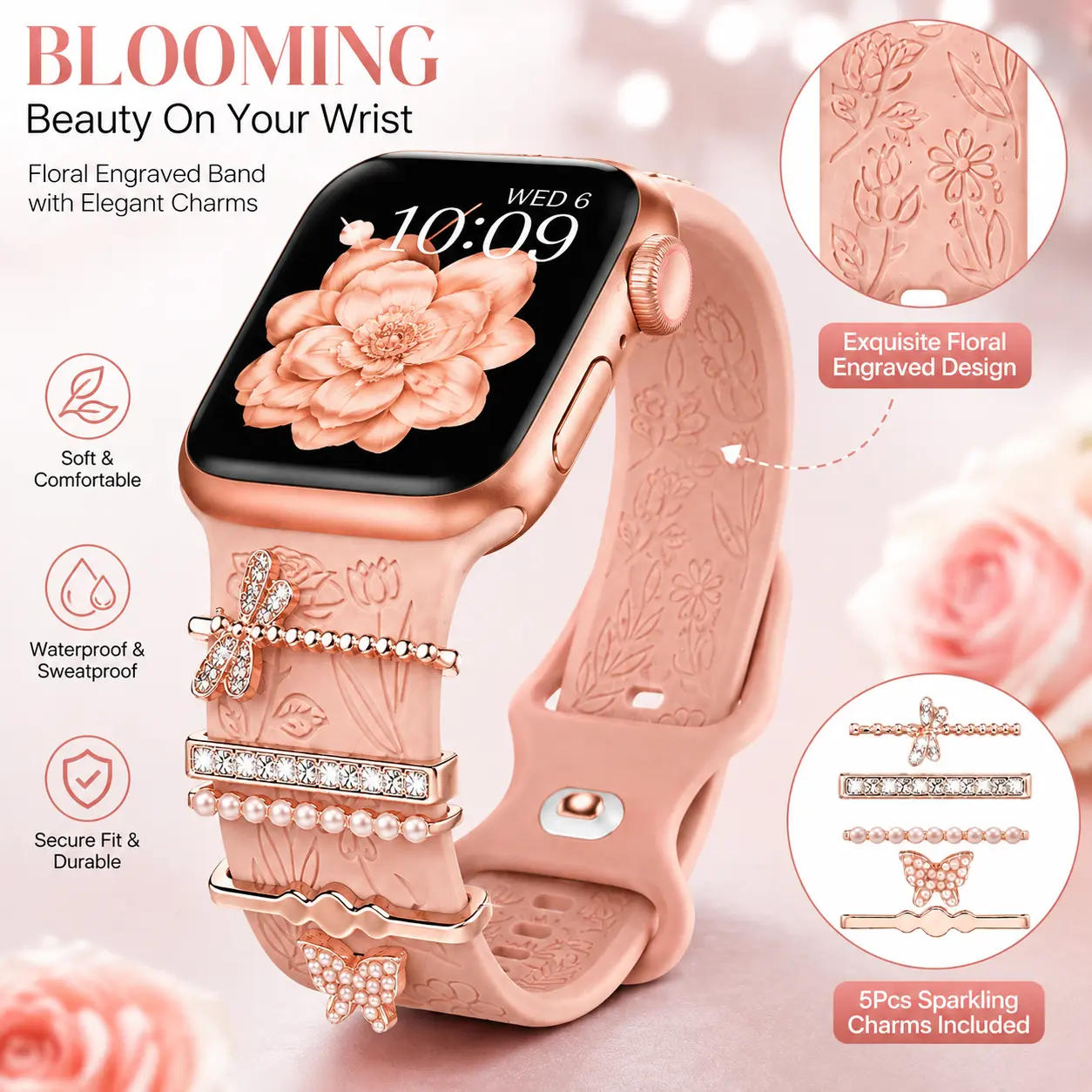 BROULIT Cute Floral Engraved Watch Band with DIY Charms, Soft Silicone Adjustable Replacement Strap, Fashion Decorative Wristband for Women Compatible with Apple Watch 38mm-49mm,back to school,back to school haul