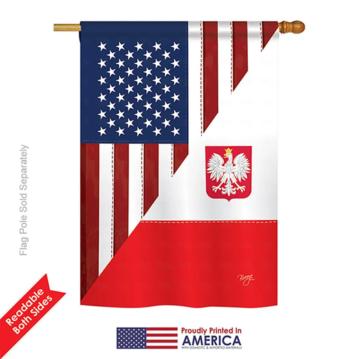 Breeze Decor 08379 Polyester US-Poland Friendship Double-Sided Rectangular Vertical House Flag - 28x40", 8 oz, Outdoor, Fade-Resistant, UV-Resistant, Vertical Hang, Pole Mount Compatible, Impression Art