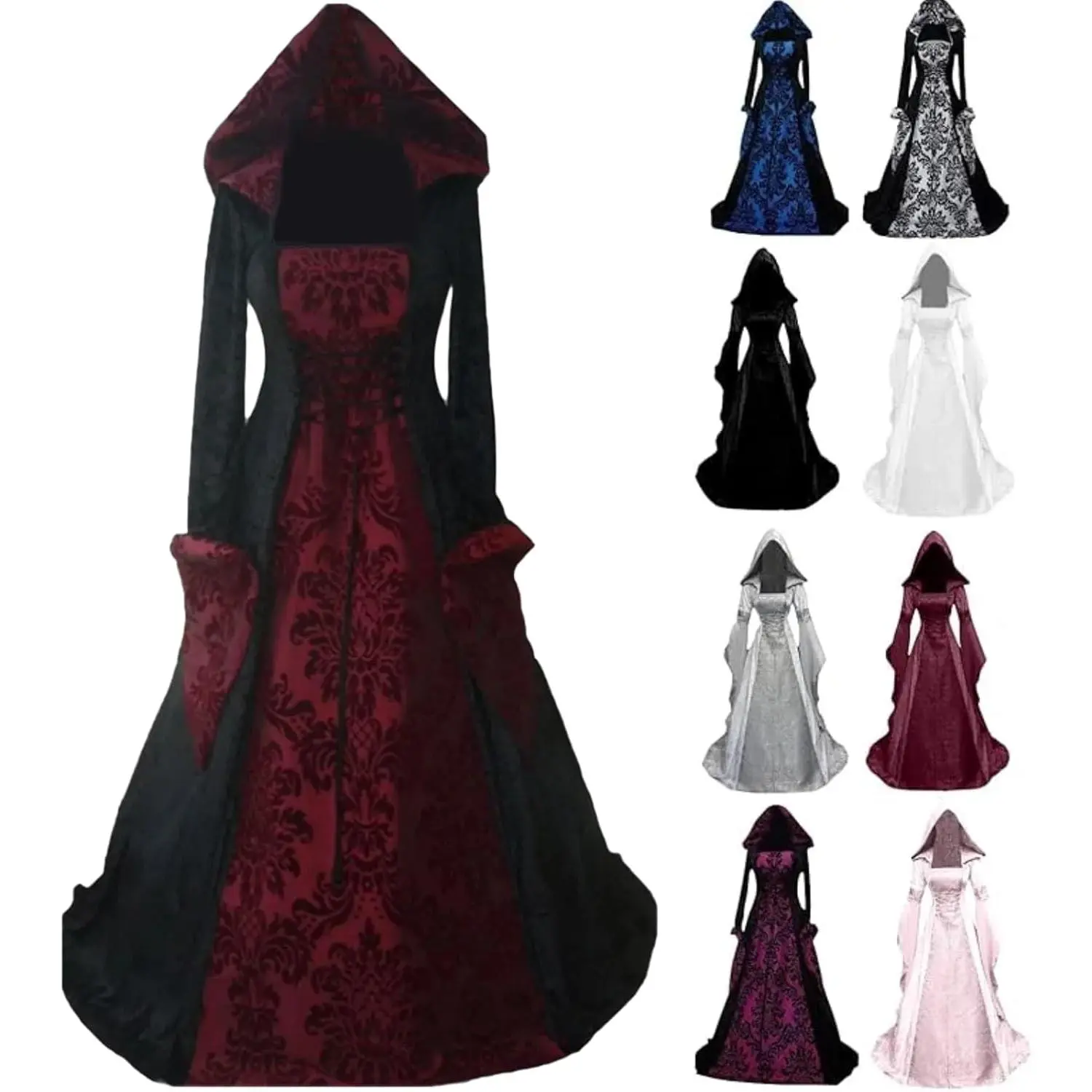 Women's Vampire Witch Dress Halloween Cosplay Medieval Gothic Victorian Hooded Robe Plus Size Aesthetic Elegant Black Witchcraft Costume 00 Red Minimalist