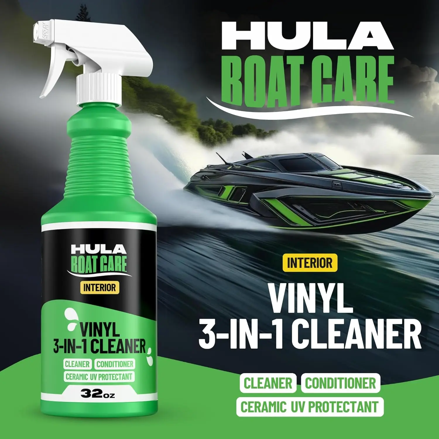 Hula Interior Vinyl 3-in-1 Boat Cleaner, Conditioner and Ceramic UV Protectant Spray | Deep Cleaning Boat Vinyl Cleaner and Protectant | Marine Detailing | Made in USA (32 oz)
