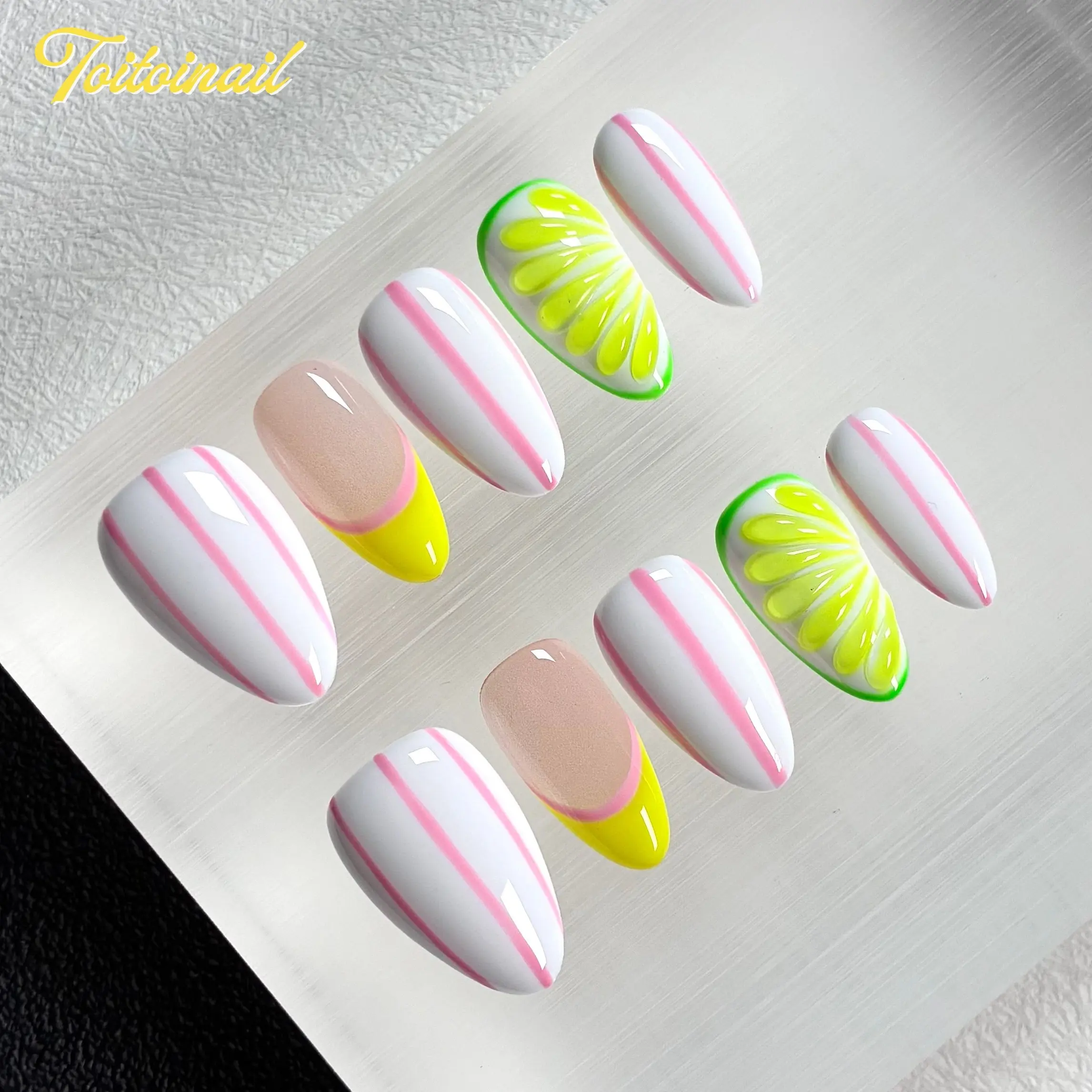 Lime Pop Press On Nails | Short Almond, 10pcs Bright summer design with pink stripes, neon lime slices & sunny yellow accents Artificial Nails, Vibrant tropical vibe, perfect for beach & vacation wear, reusable fake nails