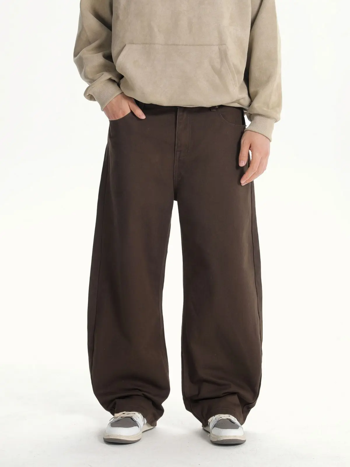Men's High-Waist Cotton Baggy Jeans, Loose Wide-Leg Drapey Straight-Cut Long Pants, Stylish Street Style Casual Menswear Trousers, Tee
