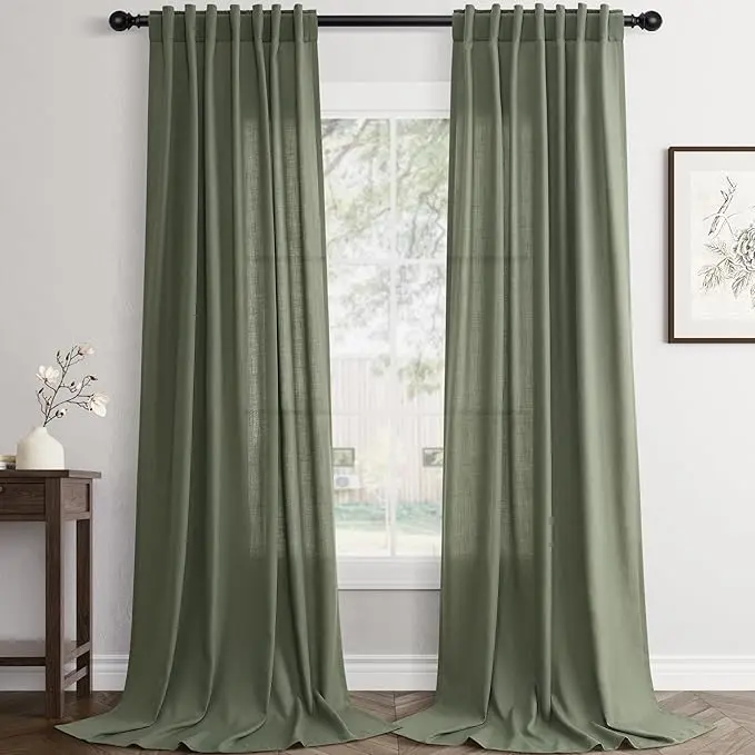 Jowels Linen Semi-Sheer Curtain 2-Panel Set, Modern Farmhouse Drapes for Living Room Decor, 52-Inch Width Light-Filtering Rod Pocket Back Tab for Privacy