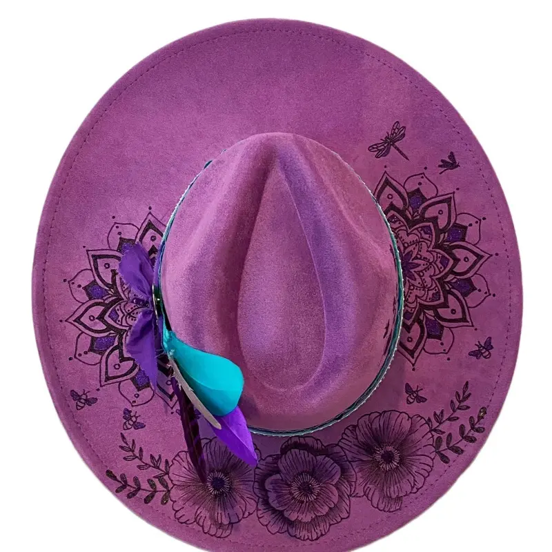 Purple Boho Mandala and Flowers Wide Brim Hat with Colorful  display picture 1