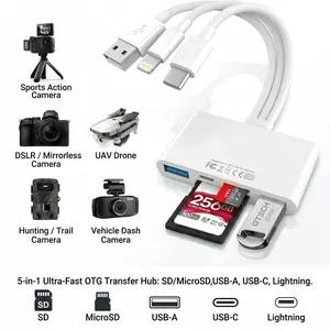 5-in-1 SD Card Reader, Universal Type C/USB/Lightning to SD Micro SD Memory Card Adapter with USB 3.0 Port & Charging, Portable OTG Camera Connection Kit for iPhone, iPad, Mac, Android, PC