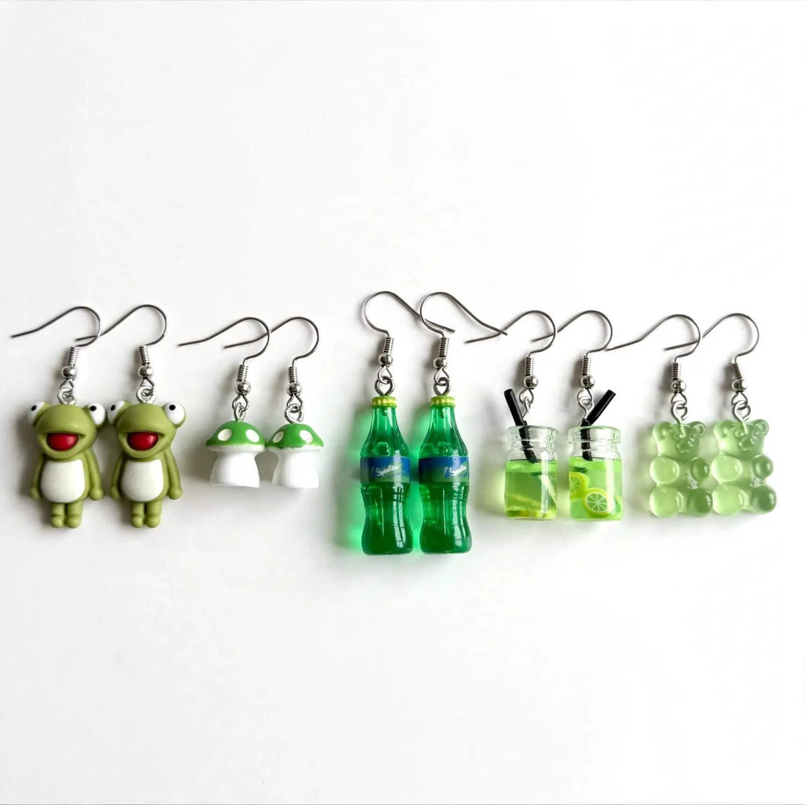 5 Pairs Cute Green Novelty Dangle Earrings Set - Gummy Bear Frog Mushroom Soda Bottle Drink Earrings for Women, Fun Quirky Jewelry Gift
