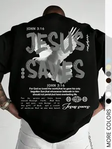Men's Vintage Jesus Is King Letter Print Short Sleeve Graphic Tee, Casual Comfy Drop Shoulder T-shirt for Daily Wear, Men's Clothes for All Seasons, Top
