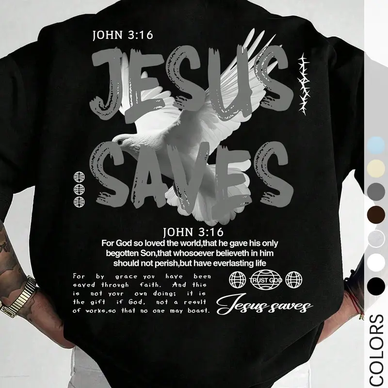 Men's Vintage Jesus Is King Letter Print Short Sleeve Knit Graphic Tee, Casual Comfy Drop Shoulder Streetwear Fashion T-shirt for Daily Wear, Men's Clothes for All Seasons Top, Faith Based Tee