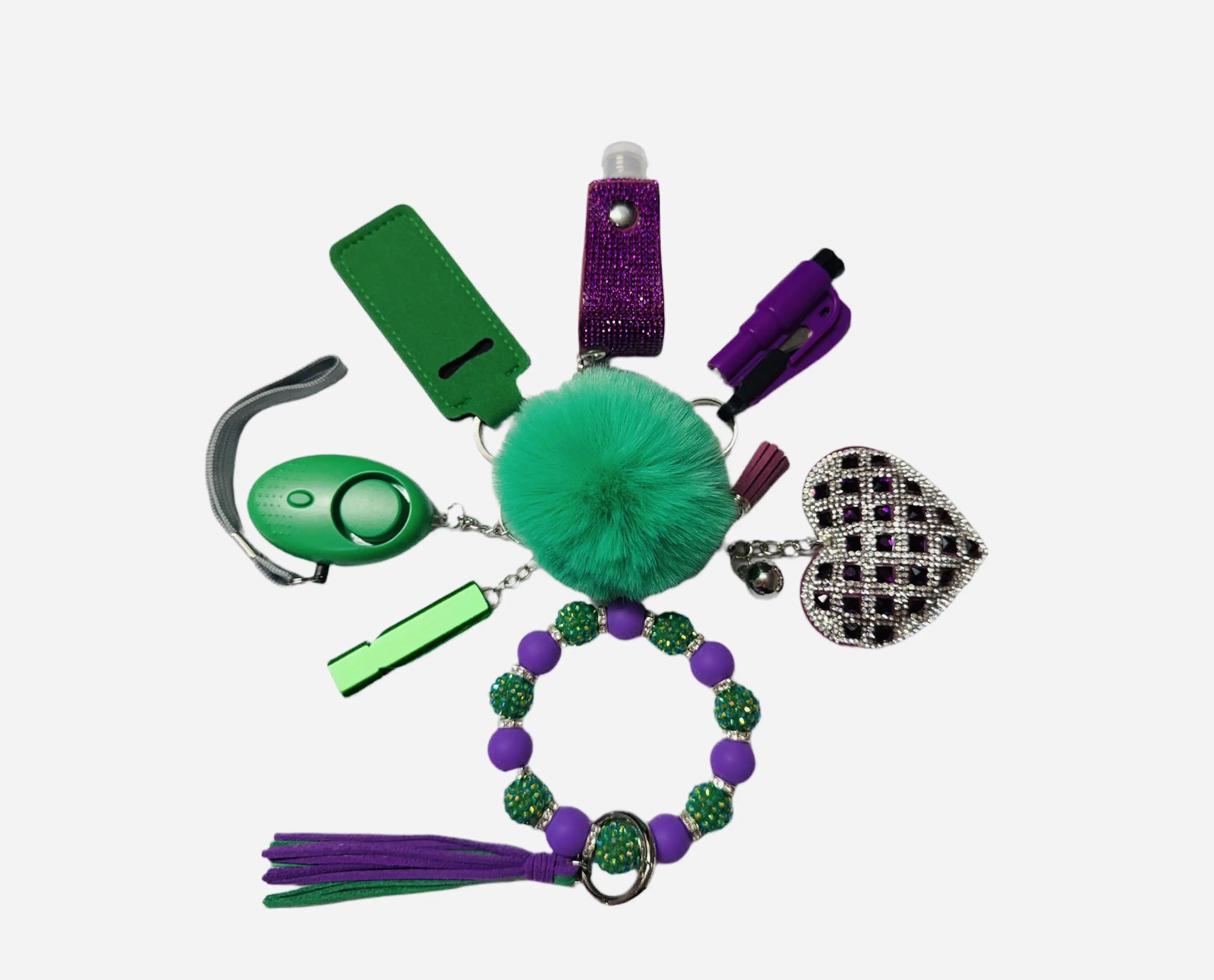 Green and Purple Safety and Accessory Keychain Set with Silicone Beads