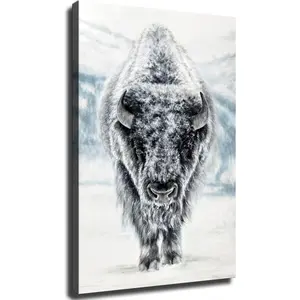 Buffalo in Snow Painting, Antique Buffalo Animal Retro Bison Wildlife Wall Art, Rustic Western Farmhouse Wall Art, Countryside Cottage Decor Ready to Hang (Framed,28*40 inch)