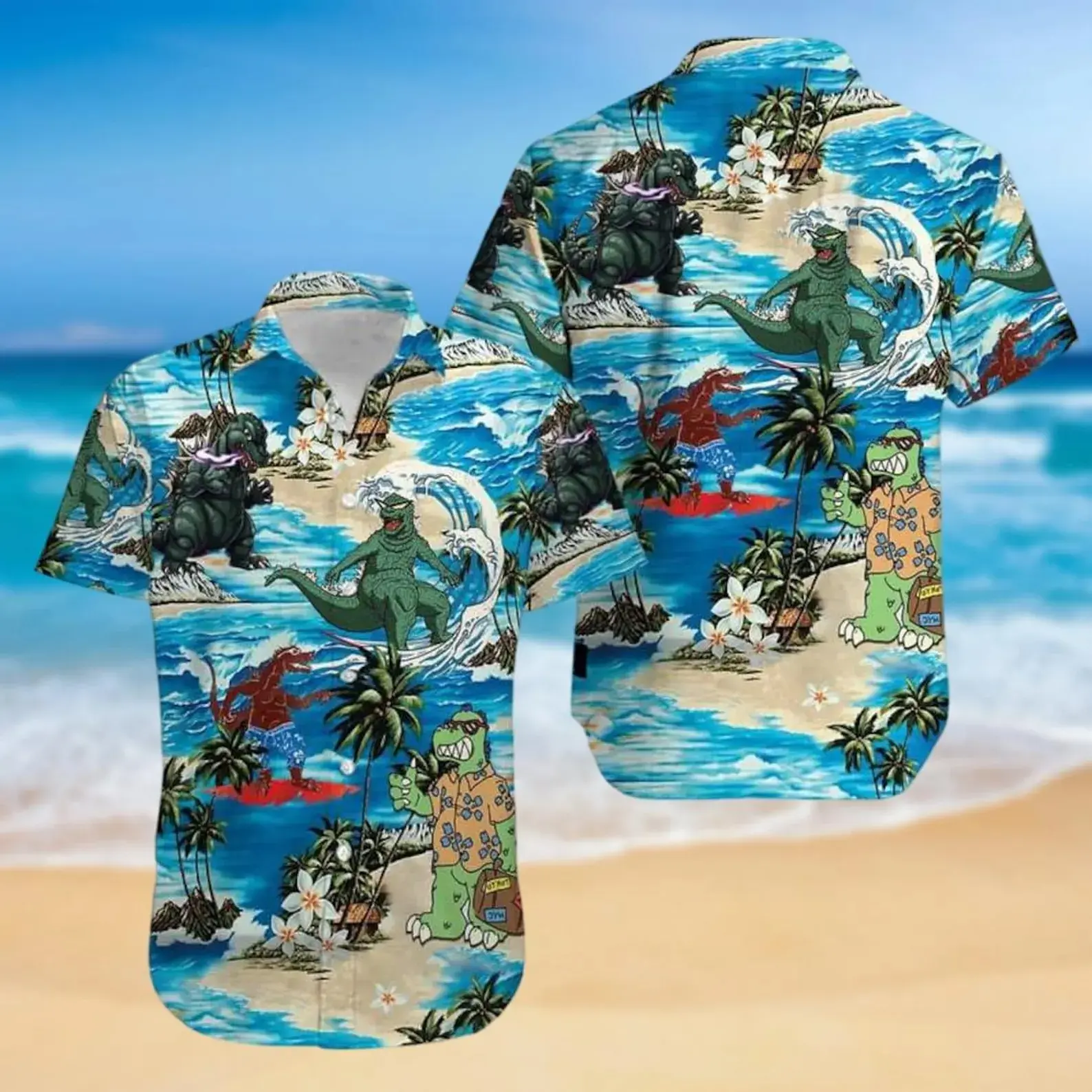 Godzilla Hawaiian Shirt, Monster Aloha Shirt, Retro Sci-fi Summer Shirt, Fun Vacation Wear, Classic Movie Fan Gift, Cool Beach Outfit Men Women Beach Wear Short Sleeve Hawaii Shirt Summer Beach Shirts