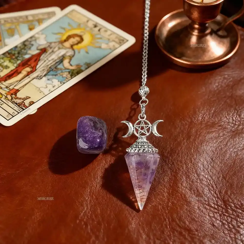 Violet 2pcs-Style A Natural Amethyst Pendants, Retro Mystic Conical Shape Crystal Necklace Set with Pentagram & Triple Moon, Metaphysical Witchy Collectibles for Divination and Energy Modulation, Inner Peace, December Birthstone, Gemstone Charm, Spiritual