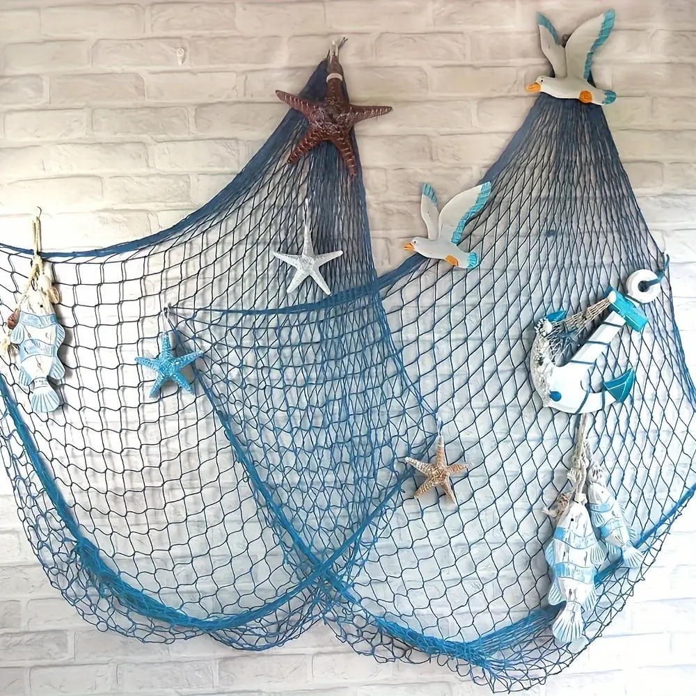 1 Handcrafted Bohemian Blue Fishing Net Wall Decoration - 39x79-inch Ocean-themed Fabric Panel with Starfish, Shells and Fish, No Electricity Required. Suitable for Hawaiian Beach Parties, Summer Photo Backgrounds, Thanksgiving Home Decorations, And