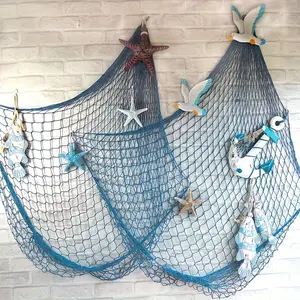 1 Handcrafted Bohemian Blue Fishing Net Wall Decoration - 39x79-inch Ocean-themed Fabric Panel with Starfish, Shells and Fish, No Electricity Required. Suitable for Hawaiian Beach Parties, Summer Photo Backgrounds, Thanksgiving Home Decorations, And