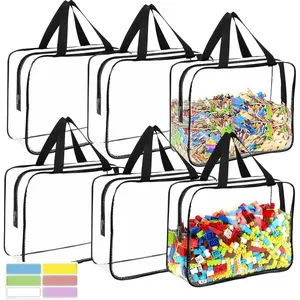6 Packs Large Toy Storage Bags with Labels, Reable Clear PVC Board Game Storage, Travel Waterproof Organizer Bags with Zipper for Building Blocks, Puzzle, Kids Books