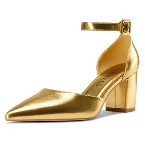 Womens Chunky Block Mid Heel Close Pointed Toe Pumps Ankle Strap Buckle Prom Wedding Dress 2.6 Inches Heels fall shoe