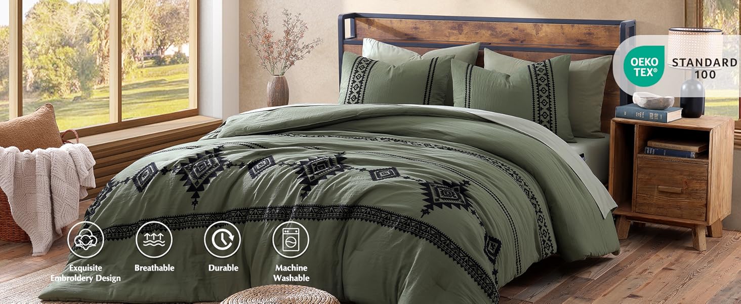 MaiRêve Embroidery Comforter Sets, boho Light Olive Green Western queen Bedding Set king Boho 7 Pieces, All Season Farmhouse Bed in A Bag Comforter Set with Sheets, Pillowcases & Shams bedding sets bed comforter set bedding set