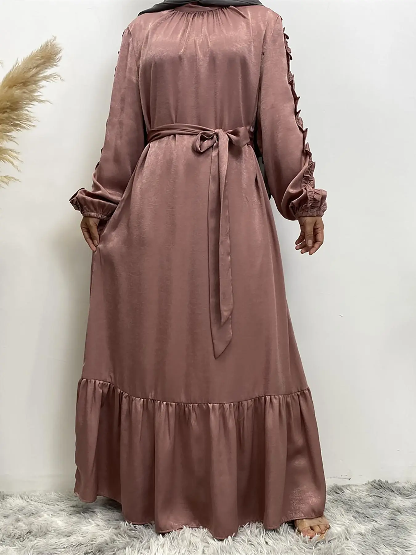 Women's Plain Frill Trim Ruffle Hem Belted Kaftan Dress, Elegant Bishop Sleeve Keyhole Neckline Maxi Dress for Party Holiday Wedding Guest, Ladies Su