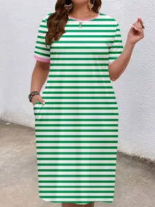 Women's Striped Patchwork Sleepwear Loungewear Dress, Round Neck Nightdress, Fitted Short Sleeve Round Neck Design, Comfortable All-Season Wear, Ideal for Casual