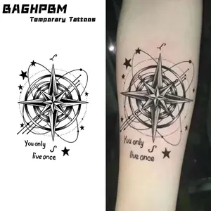BAGHPBM Temporary Tattoos,Set of 4 Herbal-Patterned Tattoo Stickers: “Ten Thousand Stars Compass” Realistic Tattoos for Thighs (Unisex), Waterproof and Long-Lasting, Semi-Permanent