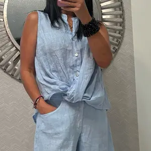 Women's 2-Piece Blue Casual Set, Breathable Cotton Fabric, for Daily Wear