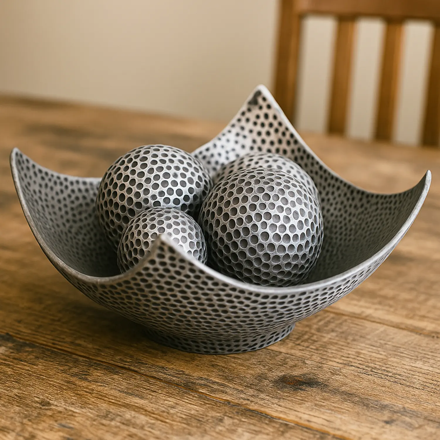 5pc Silver Decorative Scoop Bowl with 2 Large & 2 Small Balls/Orbs for Dining Room, Coffee Table, or Kitchen Centerpiece - Durable Polyresin Tableware - 14" Diagonal 11" Wide 5.75" Tall