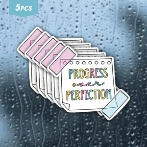 5Pcs "Progress Over Perfection" Note Waterproof Vinyl Sticker, Positive Stickers, Colorful Positive Self-Adhesive Decal, Suitable For Water Bottles, Laptops, Journals, Ideal For Students, Creatives And Self-Care Enthusiasts